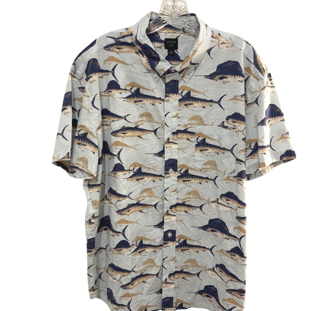 J.Crew Marlin Fishing Shirt Mens XL Blue Short Sleeve Fisherman Ocean Angler
